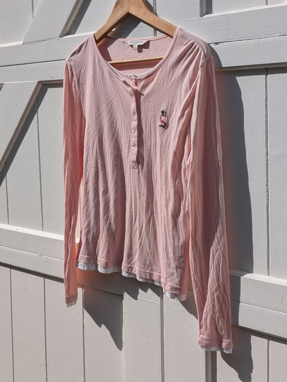 Teenie Weenie Pink Bear Embroidered Layered Long Sleeve Henley Top M L